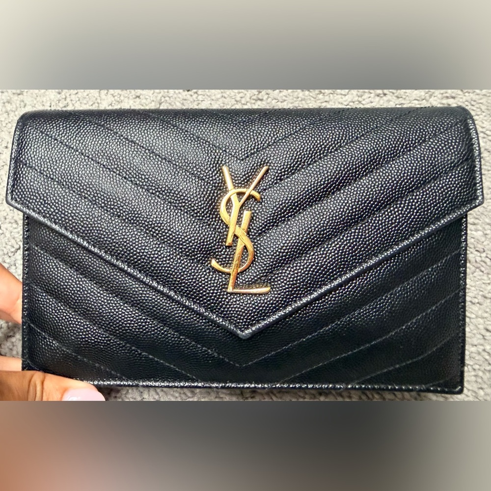 Saint Laurent YSL Black Envelope Wallet on Chain - Gold Hardware